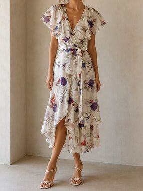 Vintage Floral Midi Wrap Dress Flowy Ruffles Ruched Slit Flutter Sleeve Wedding